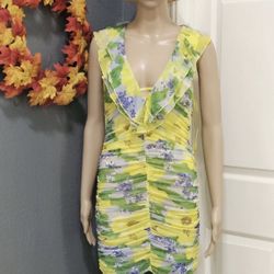 Zara women Yellow Purple Floral Tulle Ruched Bodycon Dress Size small 