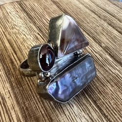 Biwa Pearl, Carnelian and Red Garnet Sterling Silver Ring Size 5.75