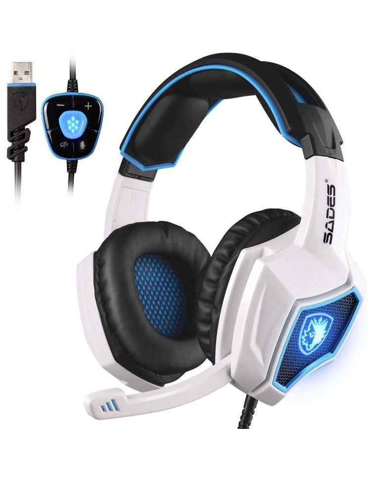 7.1 Surround Stereo Sound USB Computer Gaming Headset with Microphone,Over-the-Ear Noise Isolating,Breathing LED Light For PC Gamers (Black White)