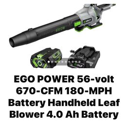EGO POWER 56-volt 670-CFM 180-MPH Battery Handheld Leaf Blower 4.0 Ah Battery