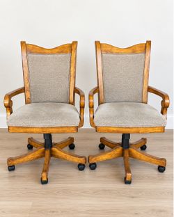 Set of 2 Wood Swivel Rolling Armchairs – Upholstered Vintage Style