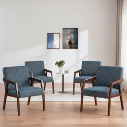 Solid Wooden, Set of 4, Mid Century Modern Accent Chair, Upholstered Arm Chair for Living Room, Bedroom, Linen Fabric Reading Chair, Side Chair, Blue,