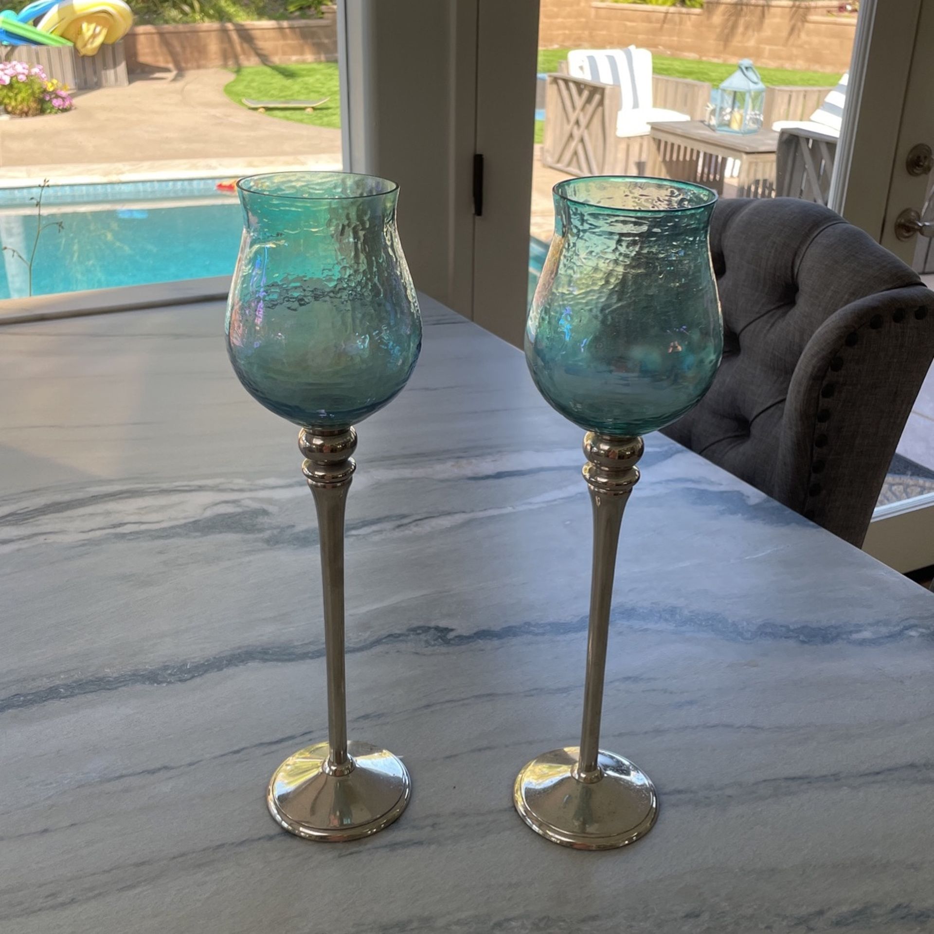 Blue Glass Tall Candle Holders