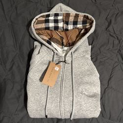 Burberry Gray Full Zip Hoodie Men’s Size L Designer Logo Pockets