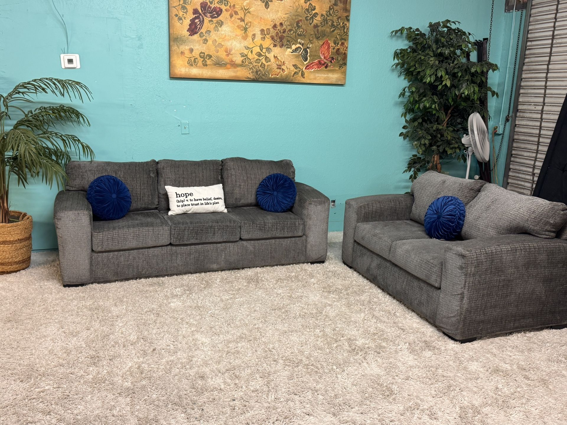 Nice Dark Grey Couch & Loveseat Living Room Set (Throw Pillows Not Included)