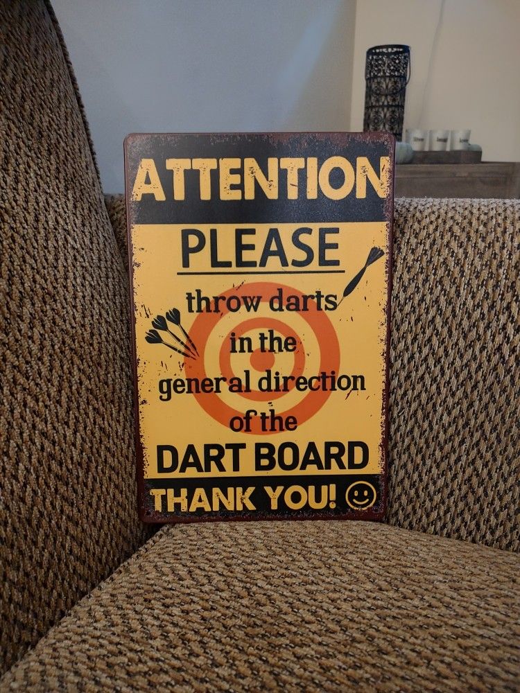 DARTS METAL SIGN. 12" X 8". NEW. PICKUP ONLY