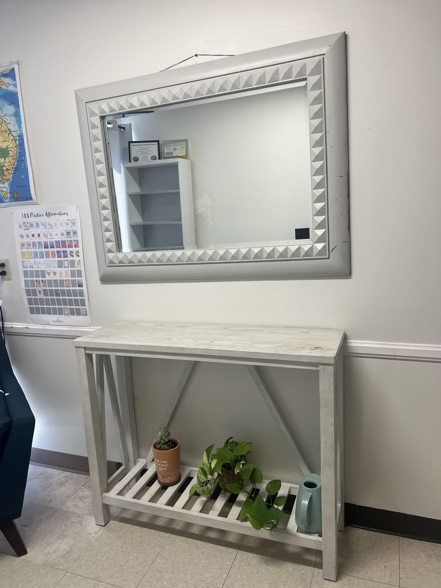 Therapy Office Set - Armchair, Mirror, Entry Table, Bookshelf, Desk Monitor & Digital Timer.