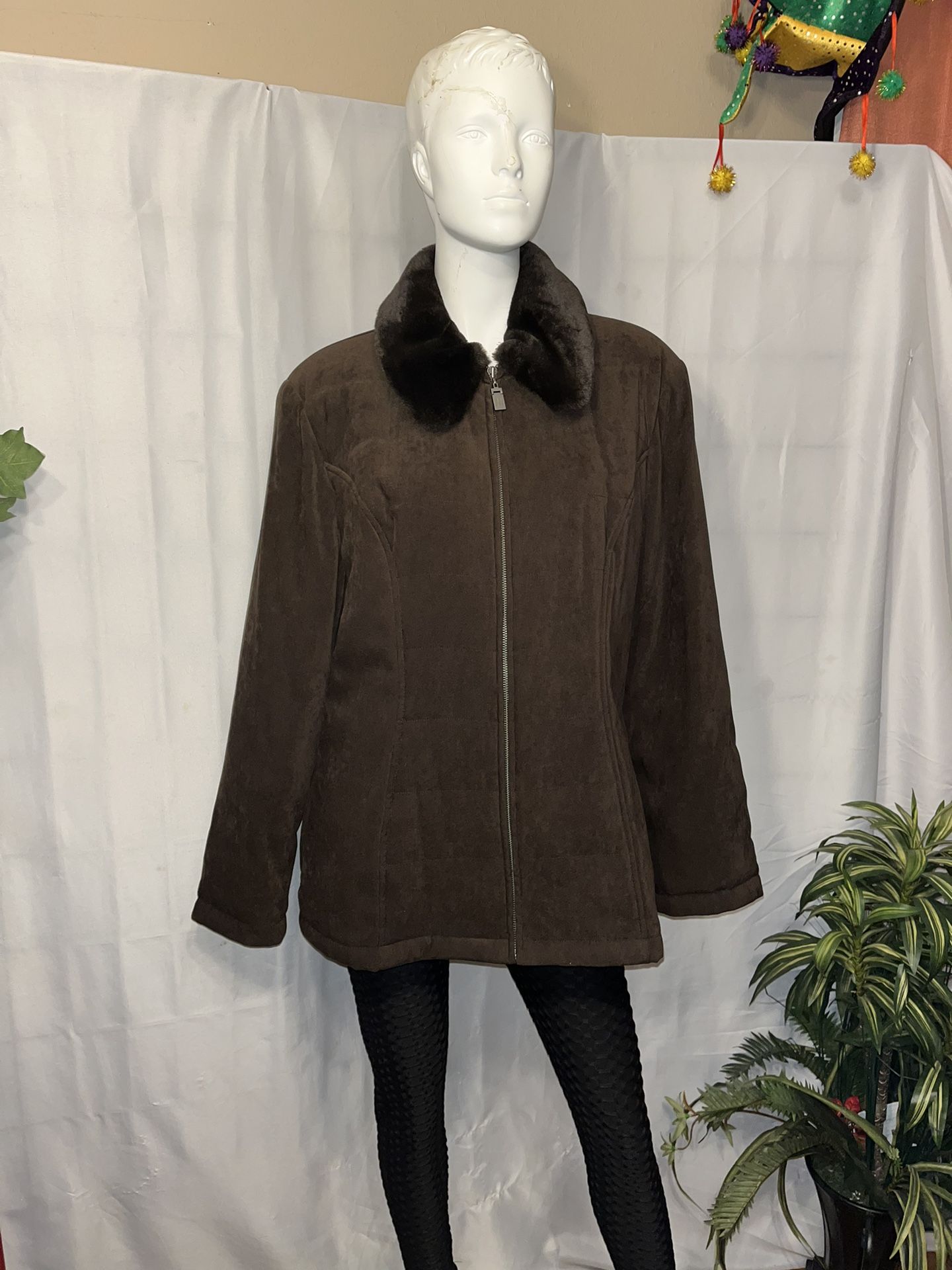 Jones New York Womens Brown Long Sleeve Faux Fur Collar Full Zip Jacket Size XL