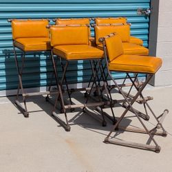 Vintage Mid Century Cleo Baldon Barstools for Terra, Los Angeles, c1950s – Iron, Oak & Leather