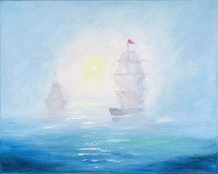 Sailboat Painting Abstract Seascape Original Oil Canvas Art 16 by 20 in