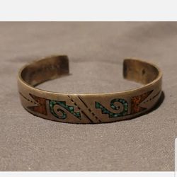 Navajo Sterling Silver Turquoise & Coral Inlay CUFF BRACELET 