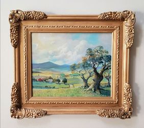 Lynne Ruza American Rural Landscape Mid-Century Oil on Paper 30x26 Framed