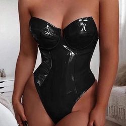 Large Leather Sexy Bodysuits Black Tube Top Cinch in Waist Sexy Bodysuits for Women Going Out