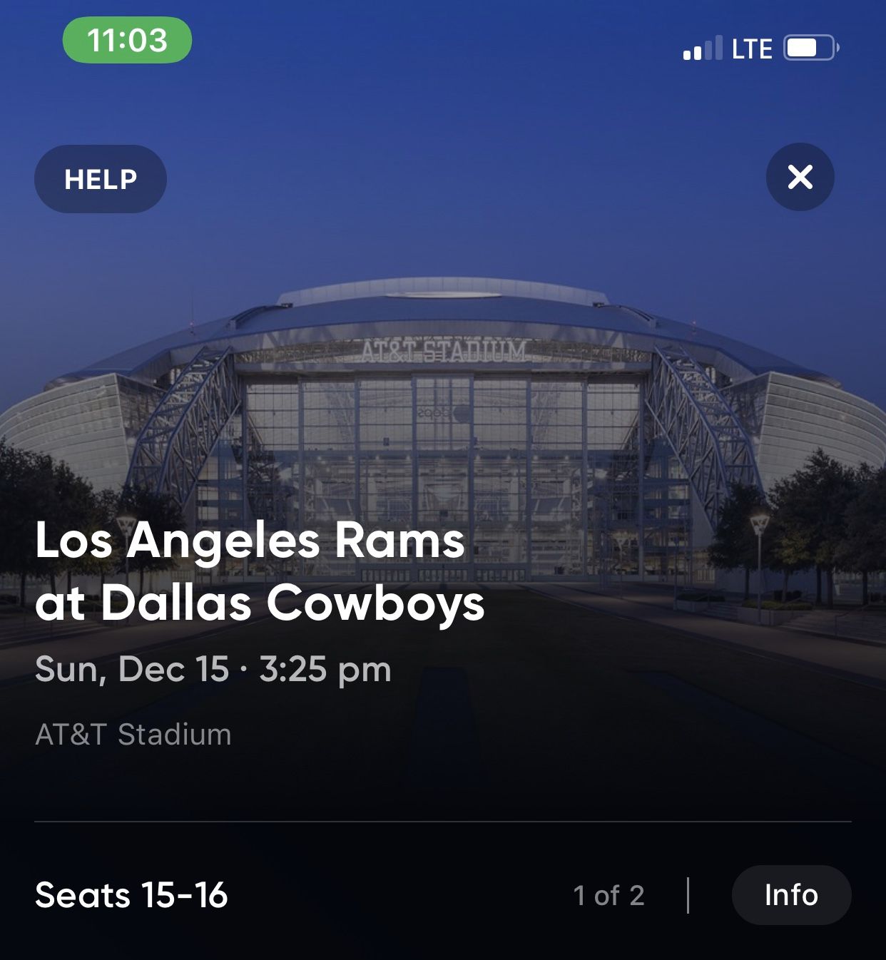 Cowboys tickets for 12/15 game! 2 tickets