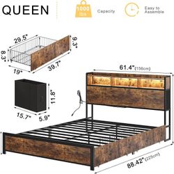 Queen Bed Frame with Bookcase Storage Headboard and 2 Drawers LED Lights Metal Platform Non-Slip Without Noise