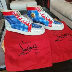 CHRISTIAN LOUBOUTIN HIGH CUT SNEAKERS-LEATHER SIZE 46.5 US 12.5 o 13- BLUE-RED- SILVER- NEW