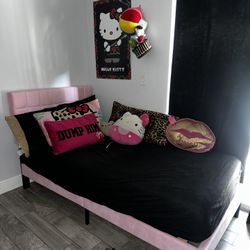 Pink Suede Upholstered Bed Frame & Headboard Twin