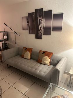 Gray Tufted Sofa with Metal Legs