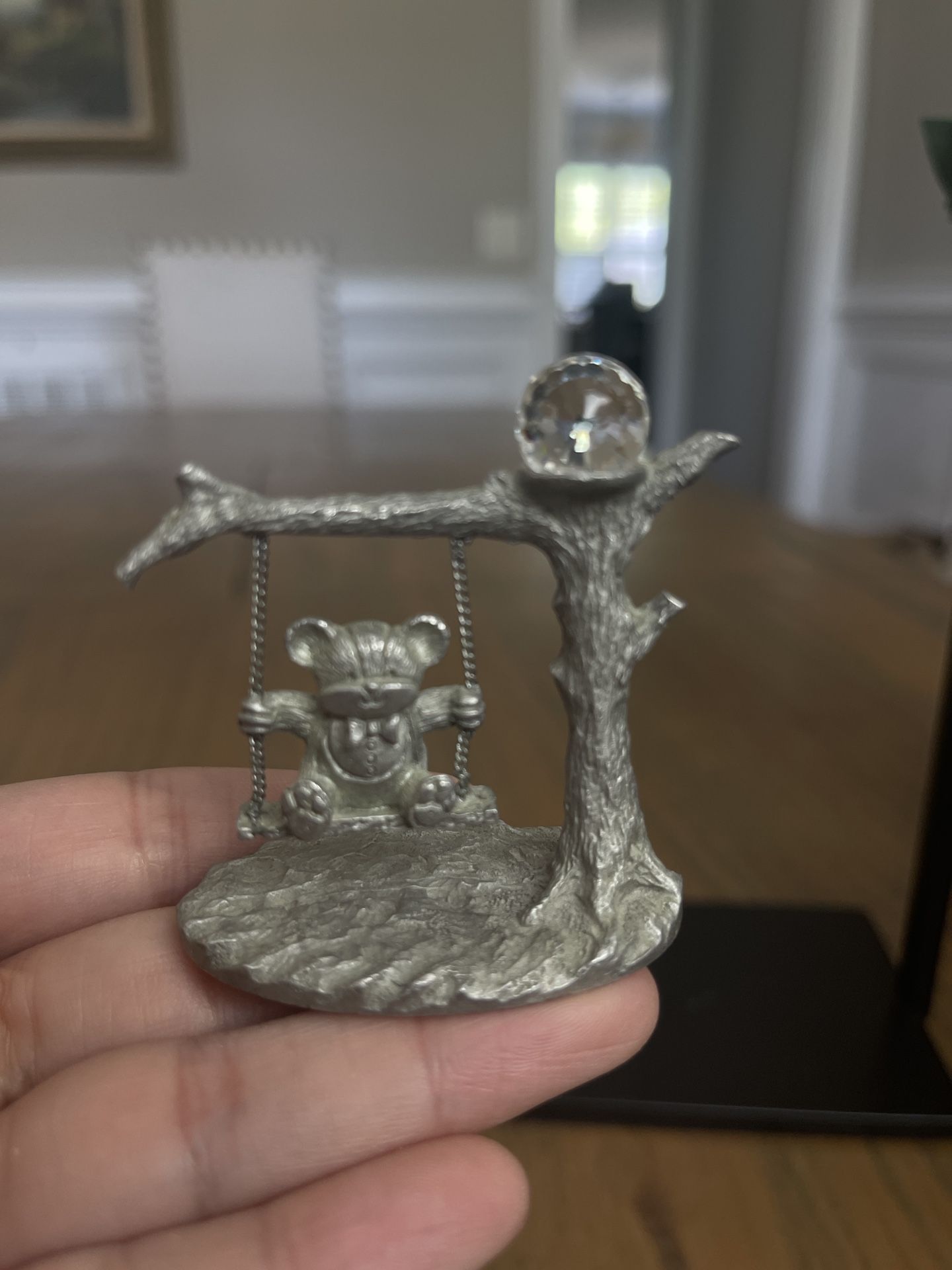 Vintage Spoontiques Pewter Teddy Bear On A Swing With Glass Prism 2.5" Figurine