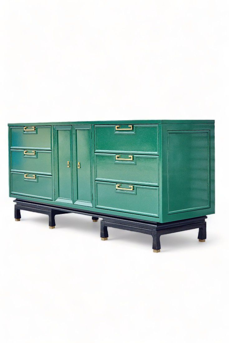 Long Green Vintage Triple Dresser Lacquer High Gloss Wood Bedroom Furniture Credenza Buffet Sideboard