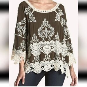 Democracy Crochet Lace Embroidered Bell Sleeve Blouse Tunic Olive Green Size L