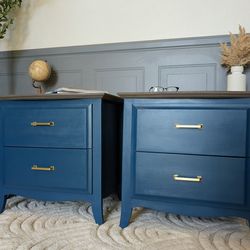 Modern Refinished Nightstands | Teal & Wood | Set of 2