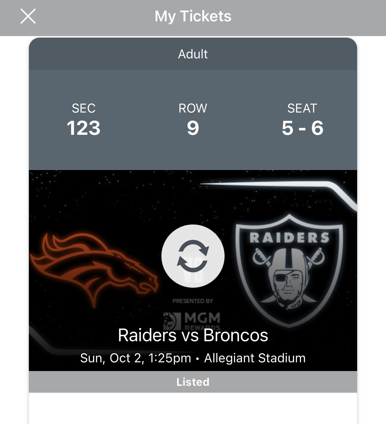 Las  Vegas Raiders Vs Broncos 10/2 2 Tickets In Black hole 