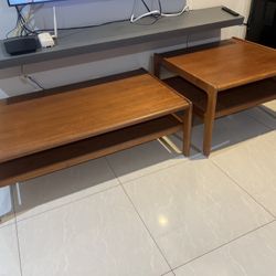 Mid-Century Solid Wood Teak Coffee Table And End/side Table
