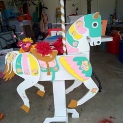 Beautiful Carousel Handcrafted Wooden Horse Planter. Unique. Big & Beautiful!