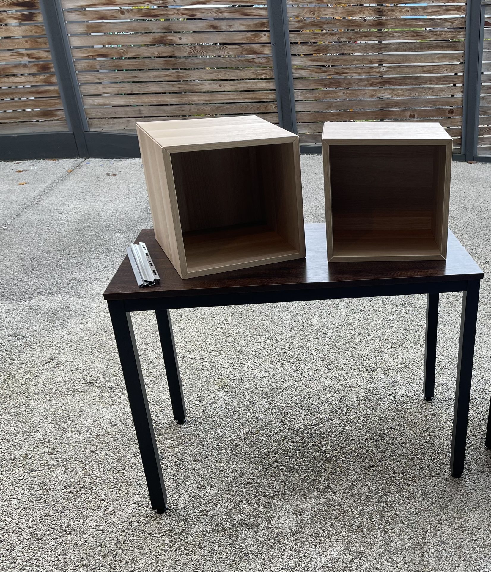 Desk, Floating Shelves, Hanging Lamp