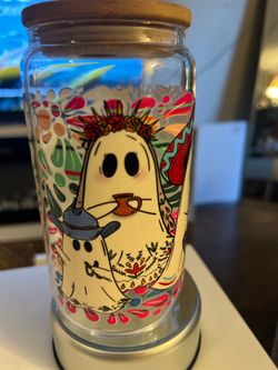 Ghost Floral Glass Can Cup with Bamboo Lid