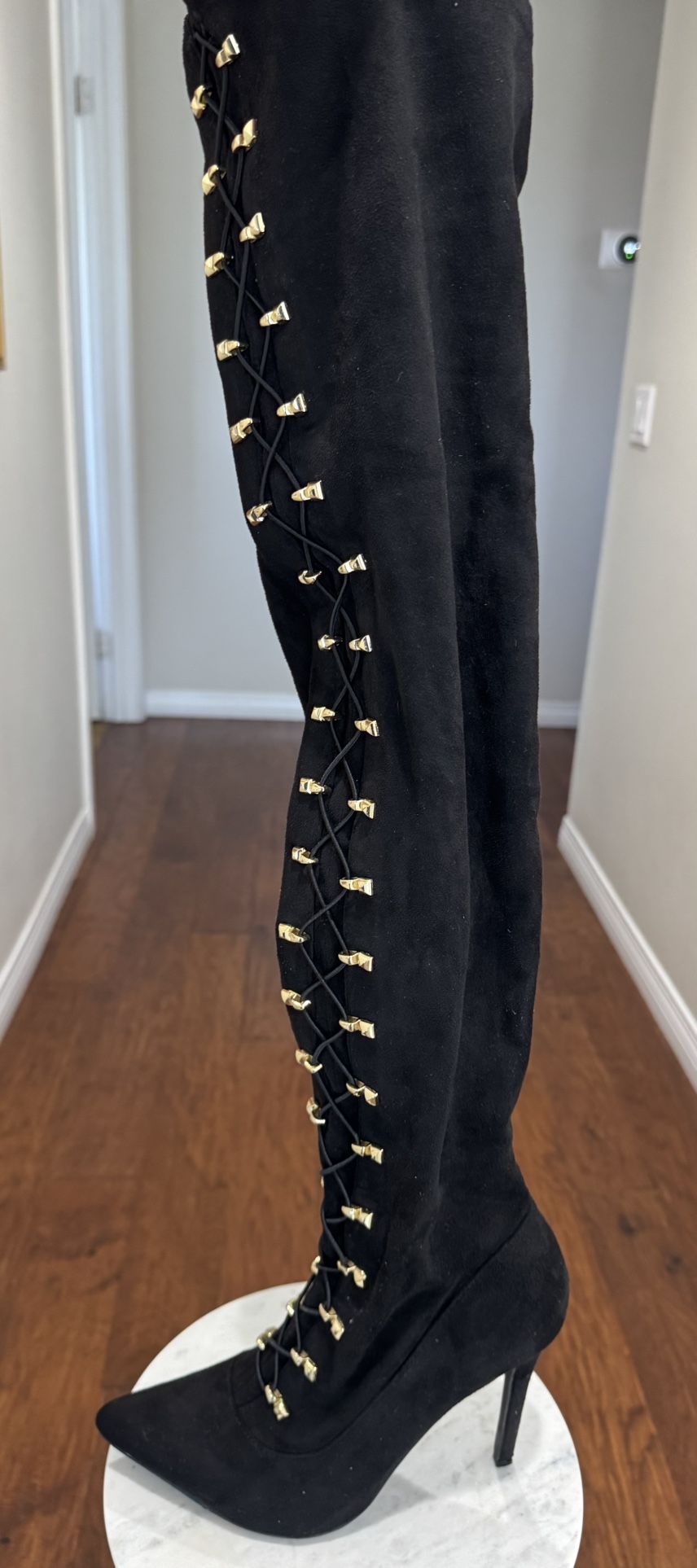 Thigh high Black Suede Pants with Gold Lace-Up Detail. Size 8.5