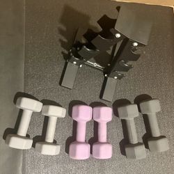 Cast Iron Neoprene Coat ...Set of Dumbbells with Rack; pairs of  12s, 15s and 17.5 lbs. 