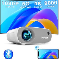 Projector with WiFi and Bluetooth, 5G WiFi Mini Projector, Native1080P Portable Outdoor Projector with Remote Control, 9000Lux Movie Projector Compati