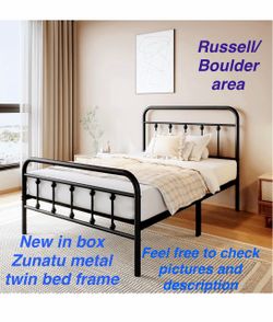 New in box zunatu Twin Size Metal Bed Frame, Victorian Style Headboard and Footboard. Russell/Boulder area