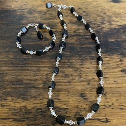 Handmade Black Gemstone Clear Swarovski Crystal Necklace & Bracelet 18.5"