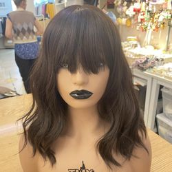 Human hair blend dark brown bob wavy wig