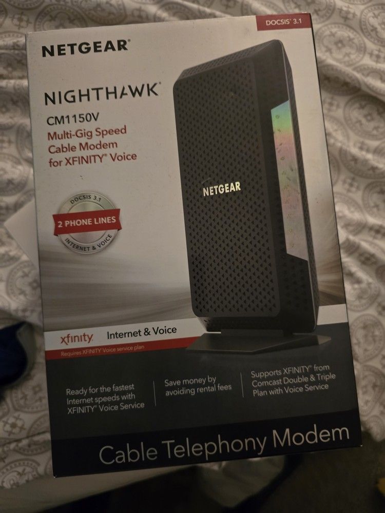 NETGEAR Nighthawk Cable Modem with Voice (CM1150V) - Certified for Xfinity by Comcast Internet & Voice Plans Up to 800Mbps | 2 Phone Lines | 4 x 1G Et