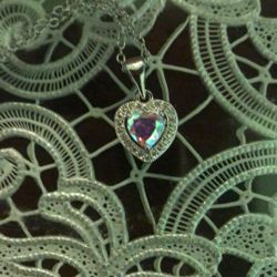 Heart Necklace/ Fine Silver Plated Rainbow CZ