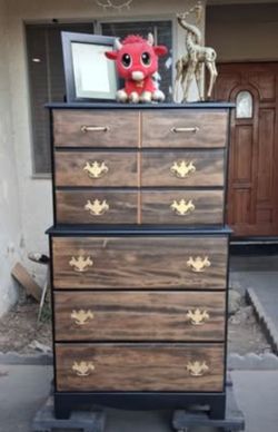 6 Drawer Solid Wood Upright Dresser- Walnut Stained Drawer Fronts with Black Frame