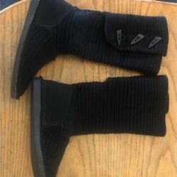 BearPaw Black Crochet / Suede Long Boots Size 9 Excellent Condition
