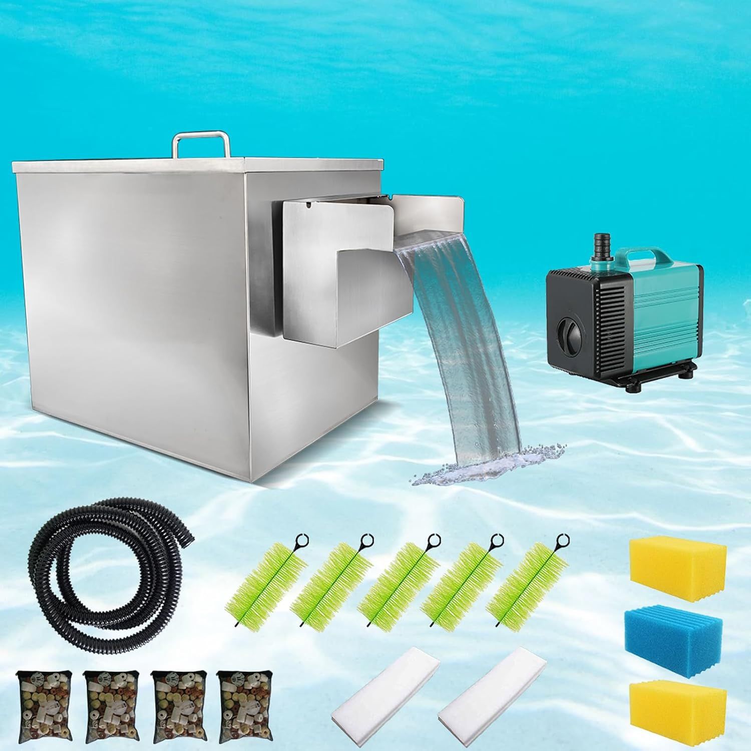 Carefree Fish Koi Pond Filter Box Stainless Steel Garden Water Waterfall Filtration Outdoor Horse Equipment Pool Filter System with Water Pump(Patent