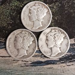 90% Silver Mercury Dimes 1937 P, D, & S 