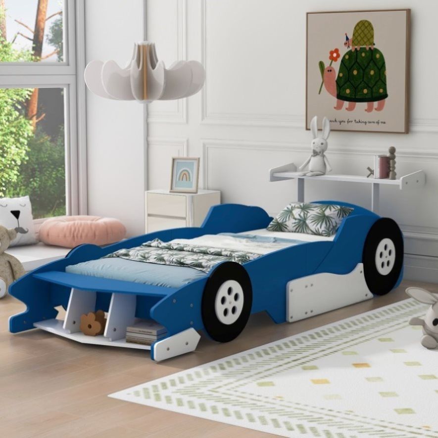Blue Race Car Twin Bed Frame w/ Storage & Shelves [NEW IN BOX] **Retails for $250  <<Assembly Req'd>>