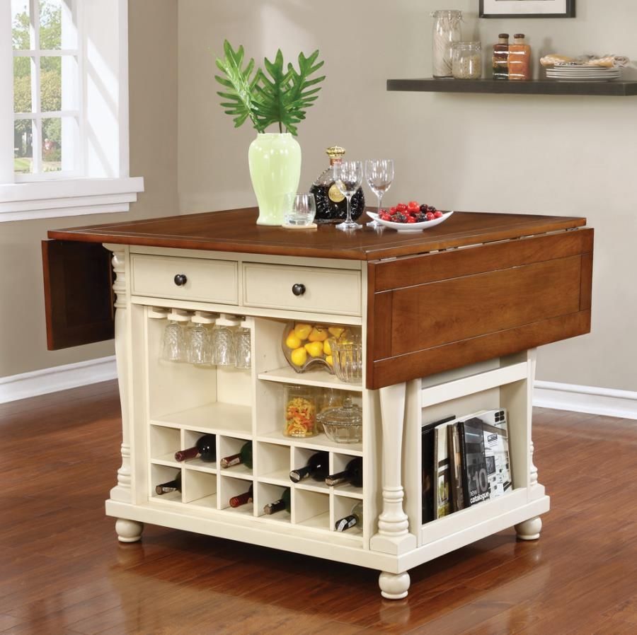 FARMOUHOUSE TWO TONE BROWN BUTTERMILK FINSIH KITCHEN ISLAND CABINET STORAGE DROP DOWN LEAF