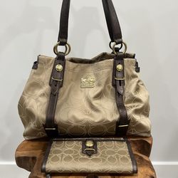 Coach Gold Monogram Leather Strap Brown Shoulder Bag & Wallet