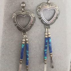 Vintage Sterling Silver Signed QT Southwestern Heart Shape Dangle Drop Pierced Post Earrings 2.5 In Long