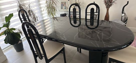 72 Inch Black Italian Lacquer Dining Room Table with 14 inch extension and 6 cushioned chairs