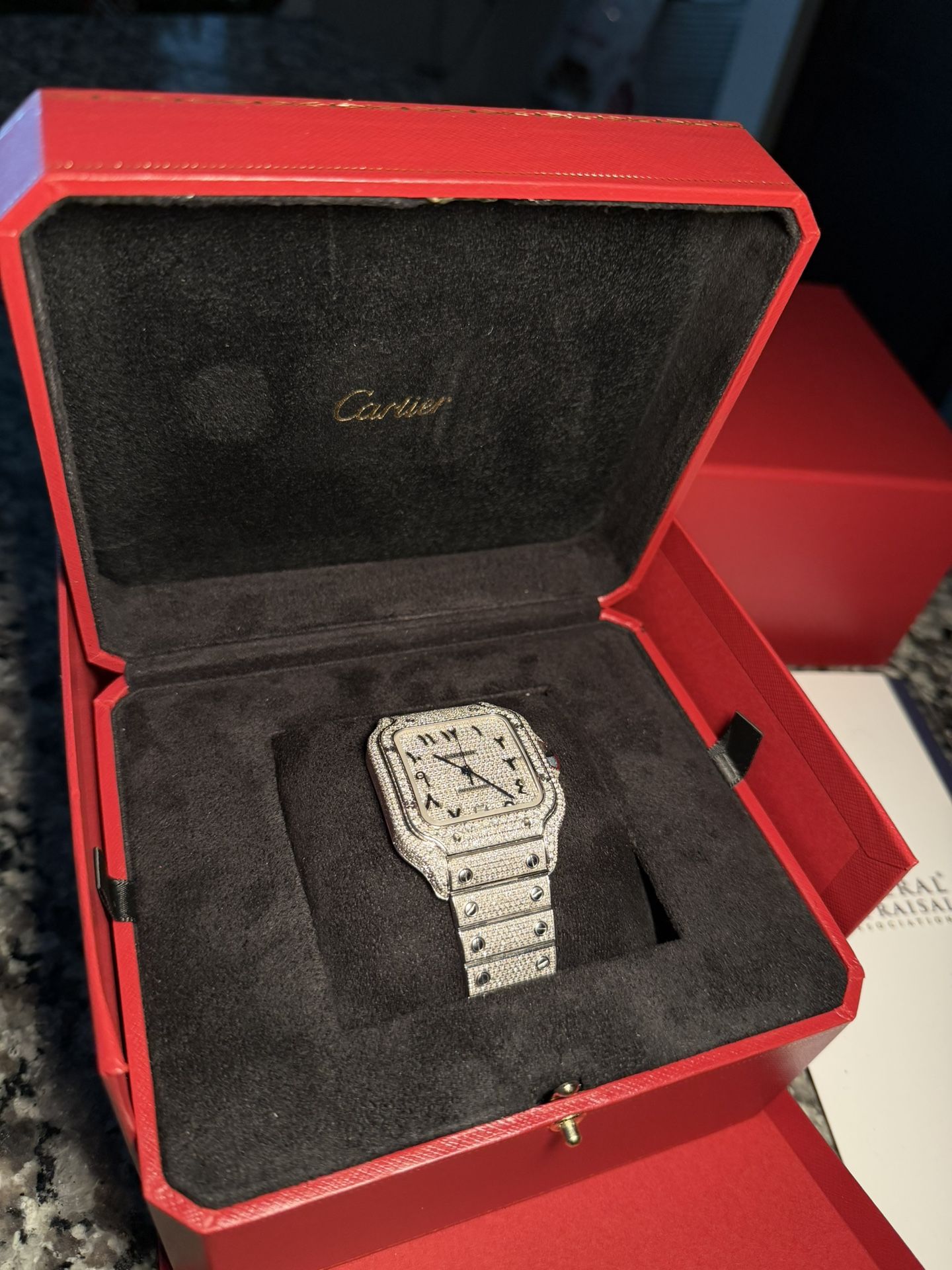 Cartier Santos 40mm ALL NATURAL DIAMONDS ORIGINAL MOVEMENT Custom Case and Band; Box and Appraisal.