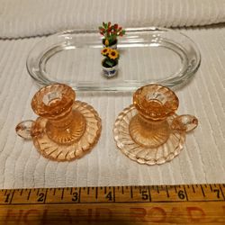 Two Pink Depression Glass Candle Holders